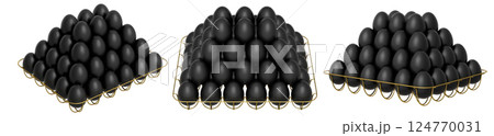 Metal trays filled with neatly stacked black eggs, isolated on white transparent background. 124770031