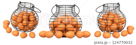 Wire baskets filled with eggs, isolated on white transparent background, concept of kitchen storage Wire baskets filled with eggs, isolated on white transparent background, concept of kitchen storage 124770032