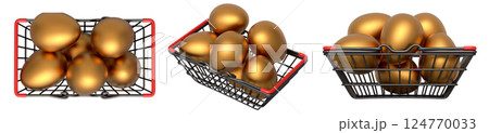 Wire baskets filled with eggs, isolated on white transparent background, concept of kitchen storage 124770033