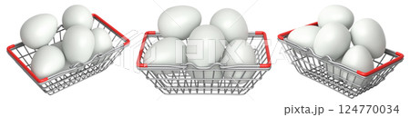 Wire baskets filled with eggs, isolated on white transparent background, concept of kitchen storage Wire baskets filled with eggs, isolated on white transparent background, concept of kitchen storage 124770034