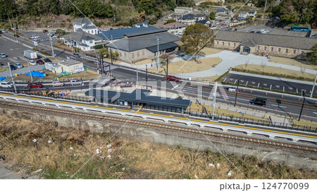 March 23 2025 Town Scene with Roads, Sengan-en Station, and Ocean Shoreline, Japan March 23 2025 Town Scene with Roads, Sengan-en Station, and Ocean Shoreline, Japan 124770099