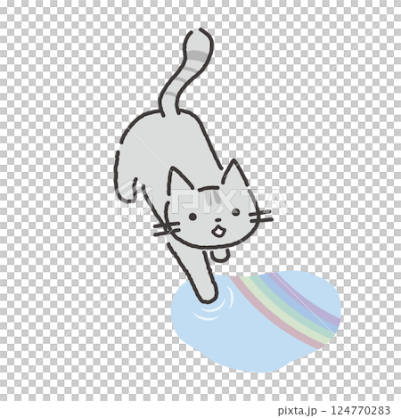 Illustration of a cat reaching out into a puddle after the rain in the rainy season 124770283