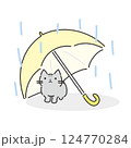 梅雨の雨を傘の下で雨宿りする猫イラスト 124770284