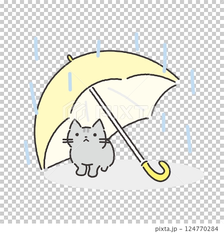 Illustration of a cat sheltering from the rain under an umbrella during the rainy season 124770284