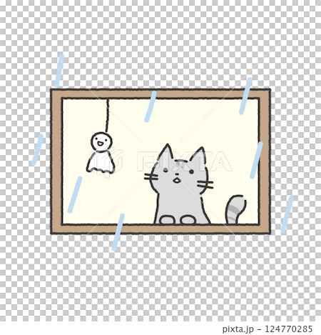 一隻貓透過窗戶凝視雨季的插圖 124770285