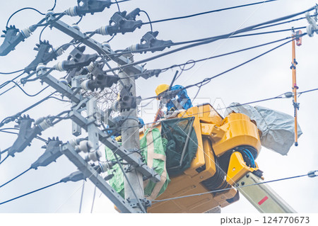 カラスの巣 電柱の上に烏の巣 撤去作業 停電原因 カラスの巣 電柱の上に烏の巣 撤去作業 停電原因 124770673