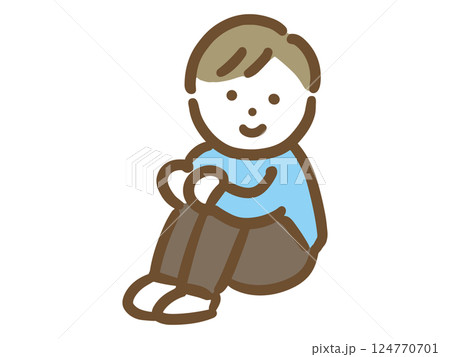 体育座りしている笑顔&私服の若い男性(全身) 体育座りしている笑顔&私服の若い男性(全身) 124770701