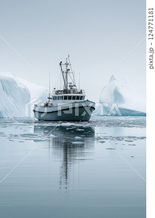 Fishing boat navigating through icy Arctic waters surrounded by melting icebergs and calm reflections. Concept of climate change, isolation, exploration and resilience in extreme environments 124771181