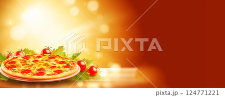 A vibrant banner-style composition with a delicious pizza topped with tomatoes, onions, cheese, and olives, placed on a plate against a bright yellow background. Pizza banner with copy space 124771221