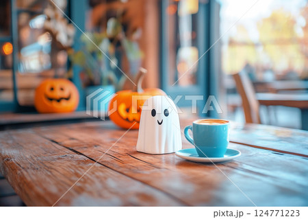 A cute Halloween coffee concept featuring a smiling ghost holding a steaming cup of coffee next to a pumpkin, set in a cozy coffee shop with subtle spooky decorations 124771223
