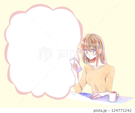 スマホを使う女性　雲形吹き出し 124771242