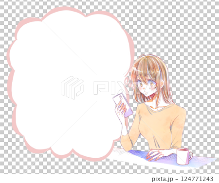 Woman using smartphone cloud-shaped speech bubble Woman using smartphone cloud-shaped speech bubble 124771243
