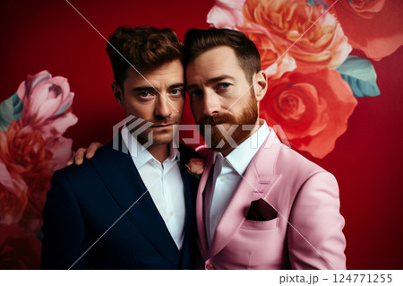 A stylish gay couple dressed in fashionable wedding attire, sharing a joyful moment on their special day. modern style and elegance 124771255
