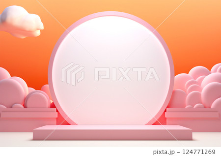 A realistic mock-up featuring an orange-themed background with a frame for inserting a poster or picture. The composition includes spherical elements like balls 124771269