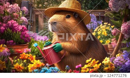 capybara, gardener, watering can, hat, funny, flower, animal, rodent, outdoor. The scene is humorous as the rodent tends to a flower garden outdoors 124771276