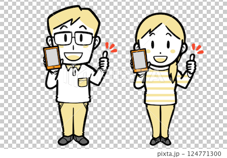 A young couple in casual clothes holding a smartphone and praising each other 124771300