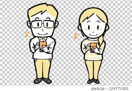 A young couple in casual clothes happily using a smartphone 124771301