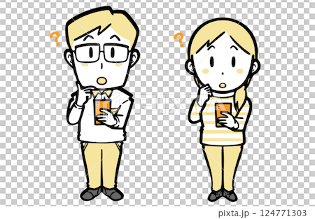 A young couple in casual clothes holding a smartphone with a puzzled look on their face A young couple in casual clothes holding a smartphone with a puzzled look on their face 124771303