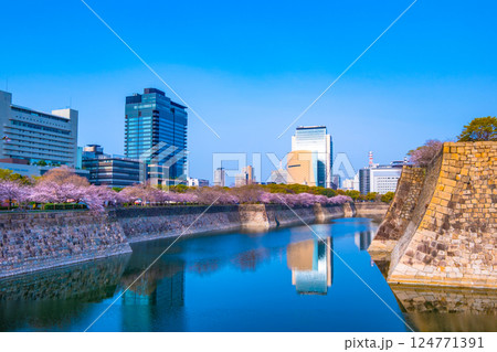 大阪城の南外濠と桜並木 124771391