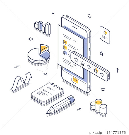 Modern isometric vector illustration of mobile application user feedback and analysis tools Modern isometric vector illustration of mobile application user feedback and analysis tools 124771576