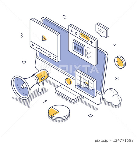Modern isometric vector illustration of digital marketing concepts and tools in action 124771588