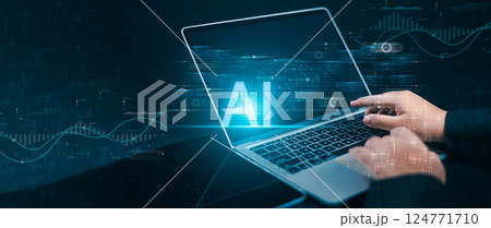 Artificial intelligence to make business more efficient, Human use computer AI symbol surrounded by digital icons and data flows, representing artificial intelligence, technology integration. 124771710