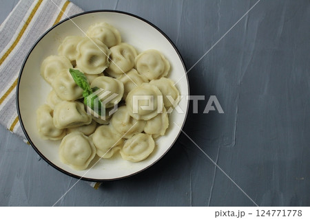 dumplings on a plate on a gray background with space for text copyspace top view upper angle. National food dumplings on a plate on a gray background with space for text copyspace top view upper angle. National food 124771778