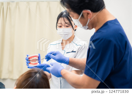 歯の模型を使って歯科治療の説明をする歯医者 124771830