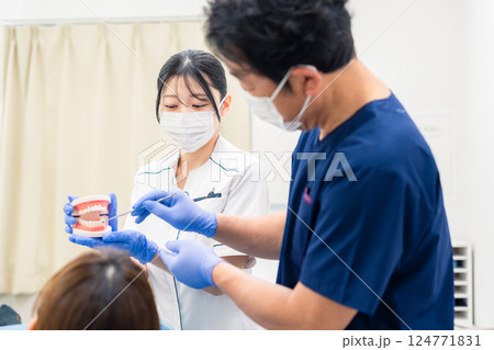 歯の模型を使って歯科治療の説明をする歯医者 124771831