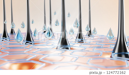 3d hair care, cosmetic lab background. Scalp with liquid hexagon pattern and water drops. Render blue serum, keratin shampoo, hyaluronic acid molecules for moisturizing hair and skin. 3D illustration 124772162