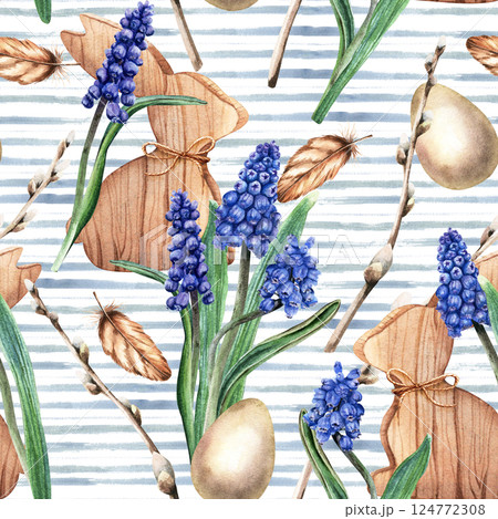 Watercolor seamless pattern with grape hyacinth, muscari flowers, pussy willow branches, wooden bunnies, eggs and feathers on horizontal blue brush strokes background. For wrapping fabric textile Watercolor seamless pattern with grape hyacinth, muscari flowers, pussy willow branches, wooden bunnies, eggs and feathers on horizontal blue brush strokes background. For wrapping fabric textile 124772308