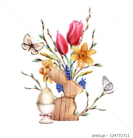 Easter watercolor composition with yellow daffodils, narcissi, pink tulips, blue grape hyacinth, muscari, pussy willow branches, wooden bunny decoration, egg, butterfly. For clip art cards invitation. 124772311