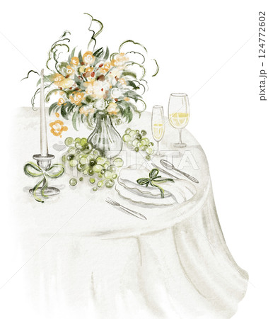 Watercolor illustration of a cozy dining table setting for a wedding reception. Elegant tablecloth, bouquet centerpiece, and candles create a warm for a celebration. Art for invitations, print design. 124772602