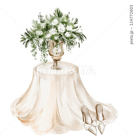 Watercolor illustration of a cozy dining table setting for a wedding reception. Elegant tablecloth, bouquet centerpiece, and candles create a warm for a celebration. Art for invitations, print design. 124772603