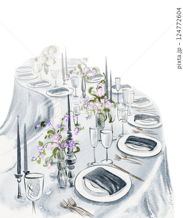 Watercolor illustration of a cozy dining table setting for a wedding reception. Elegant tablecloth, bouquet centerpiece, and candles create a warm for a celebration. Art for invitations, print design. 124772604