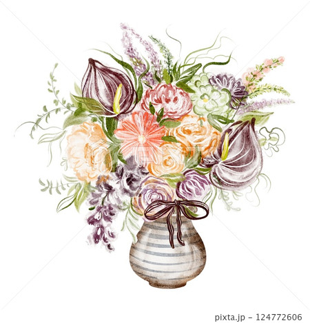 Watercolor illustration of a ceramic vase filled with blooming anemones, lush floral bouquet, and delicate leaves. Hand-drawn design perfect for invitations, postcards, or greeting cards. 124772606