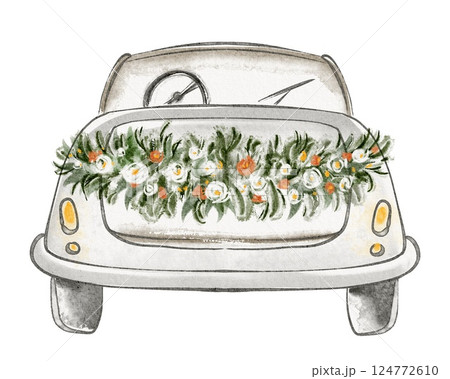 Watercolor illustration of a vintage wedding car with floral decorations. Drawing of a romantic cabriolet for a just married celebration for wedding invitations. Retro design for a joyful event. 124772610