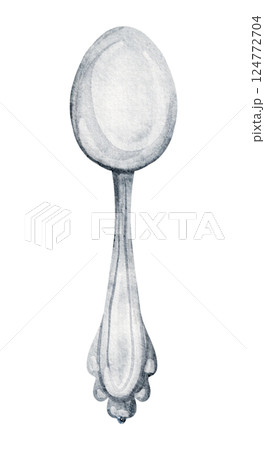 Watercolor illustration of a vintage silver Spoon. Drawing of classic Tableware utensil for kitchen decor or restaurant menu design. Art of shiny cutlery on isolated background. 124772704