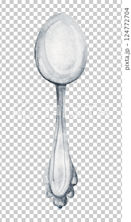 Watercolor illustration of a vintage silver Spoon. Drawing of classic Tableware utensil for kitchen decor or restaurant menu design. Art of shiny cutlery on isolated background. 124772704