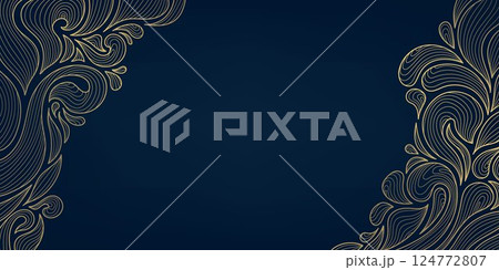 Vector art deco nouveau gold swirl background, line royal leaf frame, baroque decor geometric pattern. Wavy flourish design, fashion invitation. 124772807