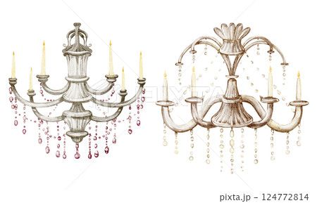 Watercolor illustration of an ornate Victorian chandelier with cut crystal details. Ceiling lamp sketch, radiating opulent illumination. Classic decor piece for interiors and aristocratic style. Watercolor illustration of an ornate Victorian chandelier with cut crystal details. Ceiling lamp sketch, radiating opulent illumination. Classic decor piece for interiors and aristocratic style. 124772814