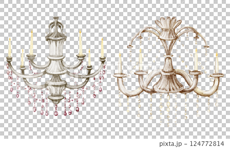 Watercolor illustration of an ornate Victorian chandelier with cut crystal details. Ceiling lamp sketch, radiating opulent illumination. Classic decor piece for interiors and aristocratic style. Watercolor illustration of an ornate Victorian chandelier with cut crystal details. Ceiling lamp sketch, radiating opulent illumination. Classic decor piece for interiors and aristocratic style. 124772814