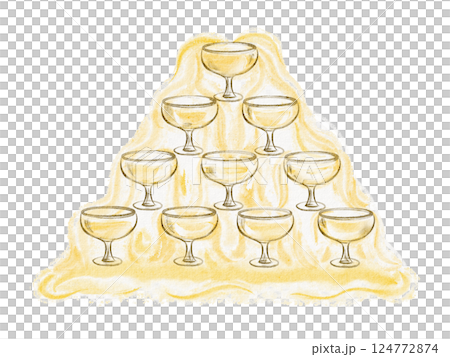 Watercolor illustration of a champagne pyramid stack. Hand-drawn design for wedding or anniversary celebration invitations. Elegant artwork showcasing sparkling glasses and festive atmosphere. 124772874
