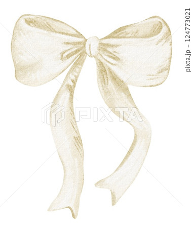 Bow with Ribbon watercolor illustration. Hand-drawn knot in beige for a charming anniversary greeting card. Elegant and decorative accessory artwork perfect for wedding or holiday celebration design. 124773021
