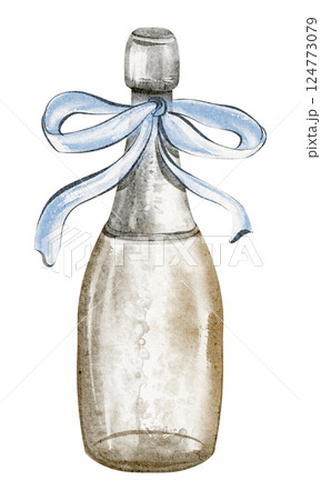 Watercolor illustration of a Champagne bottle with a tied ribbon. Hand-drawn drawing of festive drink and cork for celebration cards, invitations, for party designs. Elegant art for holiday events. 124773079