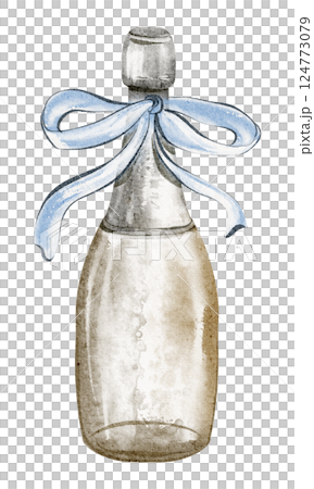 Watercolor illustration of a Champagne bottle with a tied ribbon. Hand-drawn drawing of festive drink and cork for celebration cards, invitations, for party designs. Elegant art for holiday events. 124773079
