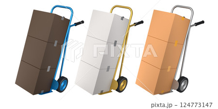 Set of Airport luggage cart or baggage trolley side with cardboard boxes or cartons 124773147