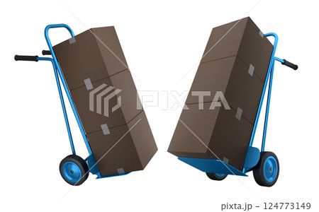 Set of Airport luggage cart or baggage trolley side with cardboard boxes or cartons 124773149