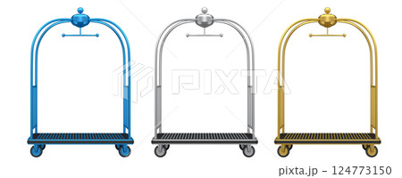 Set of Hotel luggage trolley cart for carrying baggage on white background. 124773150