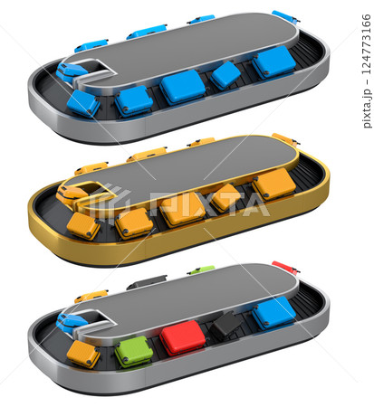 Set of Airport luggage conveyor belt or baggage claim area with suitcases on white. 124773166